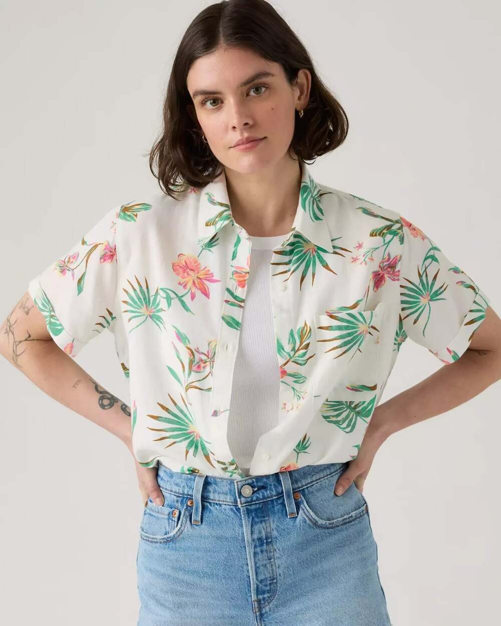 Levi's Darlene Linen Blend Floral Short Sleeve Button Down Shirt Size L